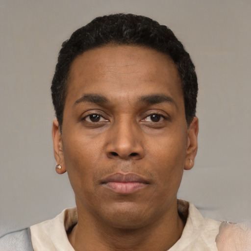 Neutral black adult male with short  black hair and brown eyes