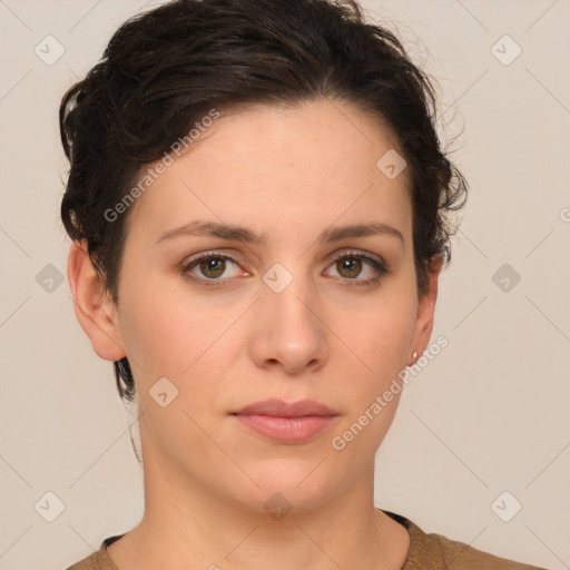 Neutral white young-adult female with short  brown hair and brown eyes