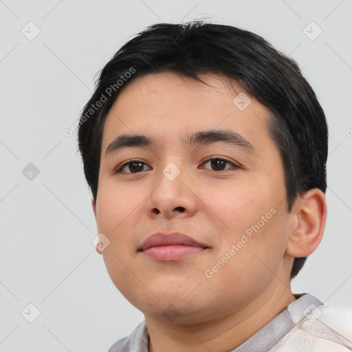 Neutral asian young-adult male with short  black hair and brown eyes