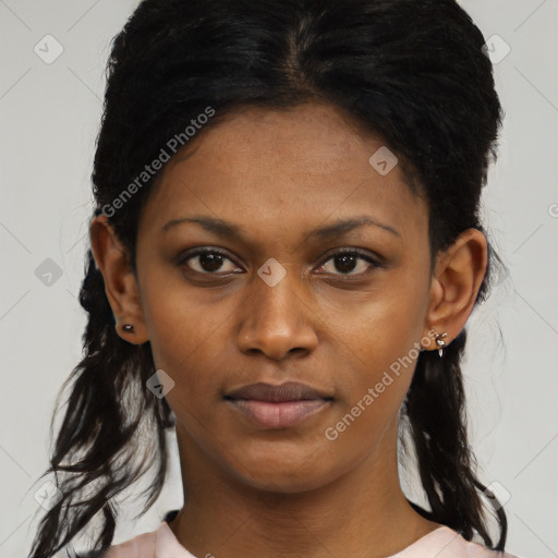 Neutral black young-adult female with medium  black hair and brown eyes