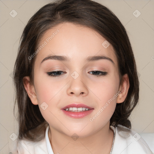 Joyful white child female with medium  brown hair and brown eyes