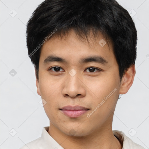 Neutral asian young-adult male with short  brown hair and brown eyes