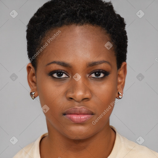 Neutral black young-adult female with short  brown hair and brown eyes