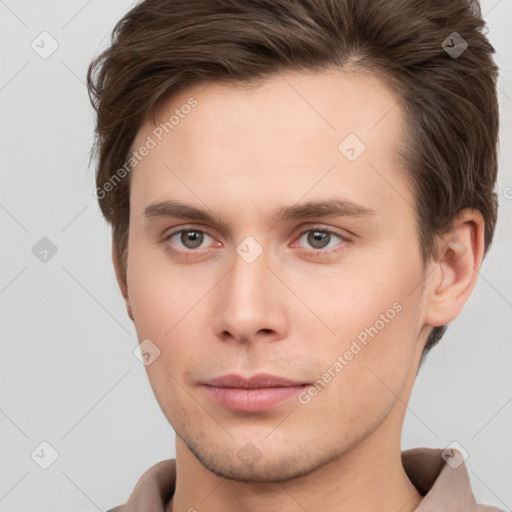 Neutral white young-adult male with short  brown hair and brown eyes