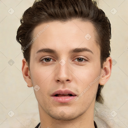 Neutral white young-adult male with short  brown hair and brown eyes