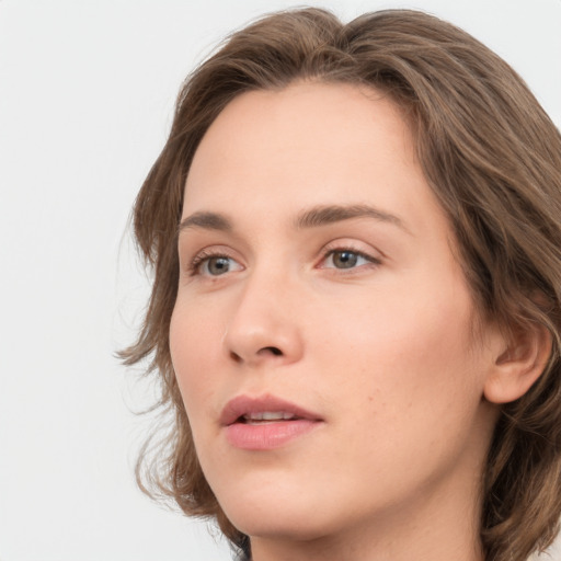 Neutral white young-adult female with long  brown hair and grey eyes