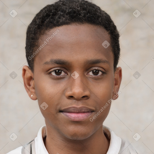 Joyful black young-adult male with short  brown hair and brown eyes