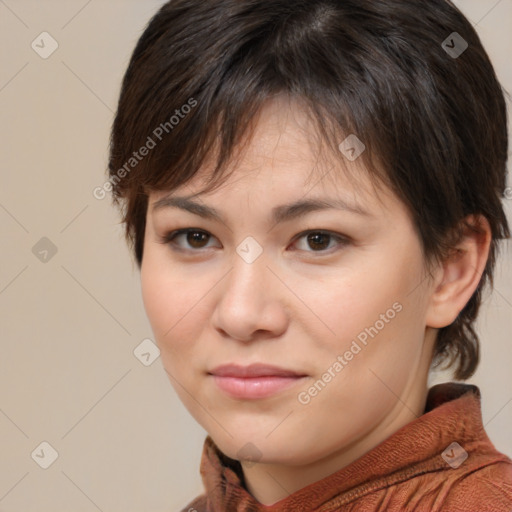 Joyful white young-adult female with medium  brown hair and brown eyes