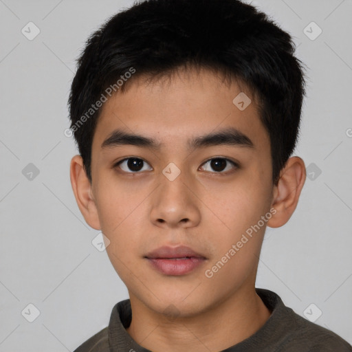 Neutral asian young-adult male with short  black hair and brown eyes