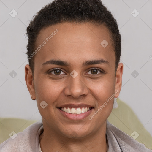 Joyful white young-adult female with short  brown hair and brown eyes