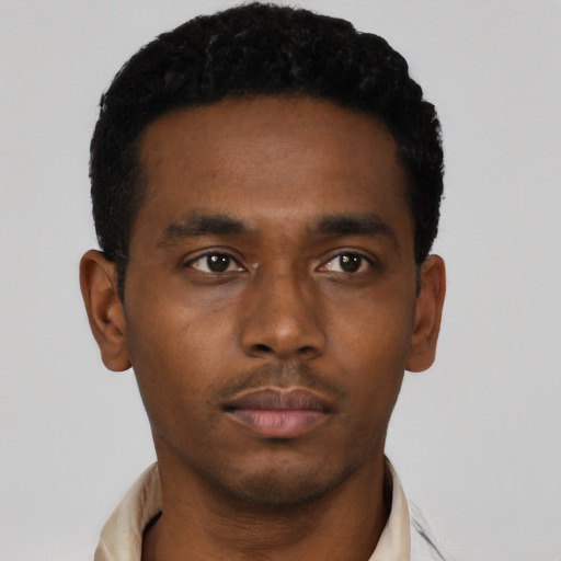 Neutral black young-adult male with short  black hair and brown eyes