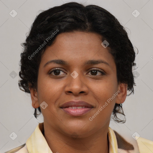 Joyful black young-adult female with medium  brown hair and brown eyes
