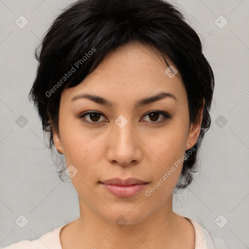 Neutral asian young-adult female with medium  brown hair and brown eyes