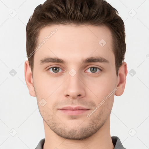 Neutral white young-adult male with short  brown hair and brown eyes