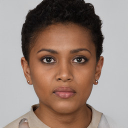 Neutral black young-adult female with short  brown hair and brown eyes