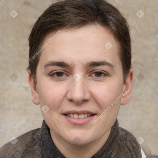 Joyful white young-adult female with short  brown hair and grey eyes