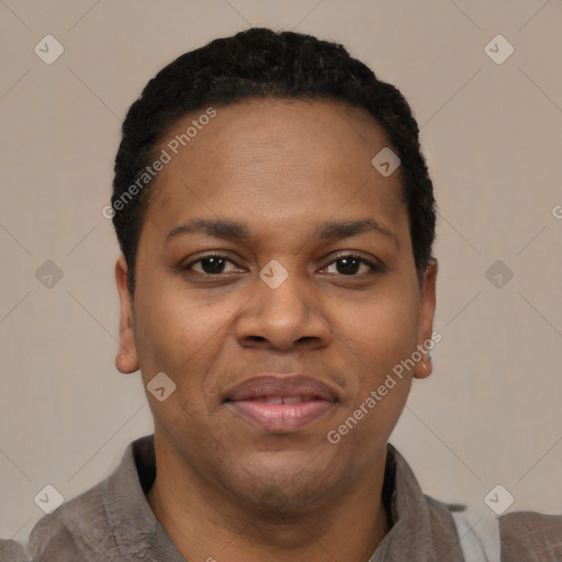 Neutral latino young-adult female with short  black hair and brown eyes
