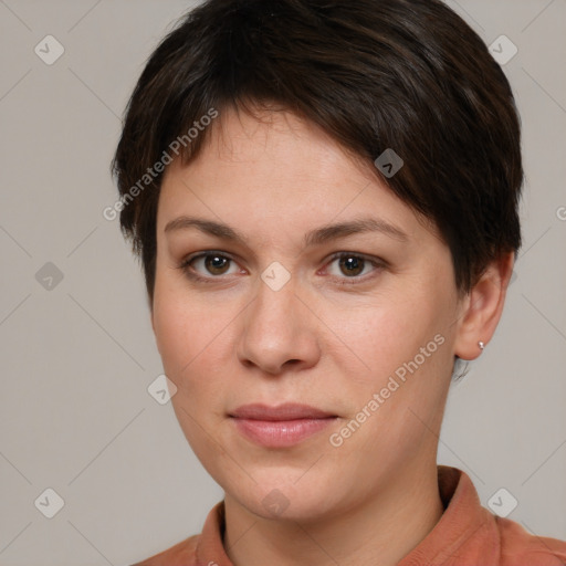 Joyful white young-adult female with short  brown hair and brown eyes