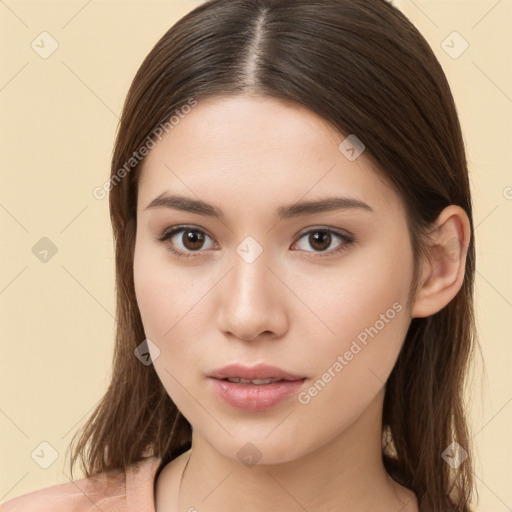 Neutral white young-adult female with long  brown hair and brown eyes