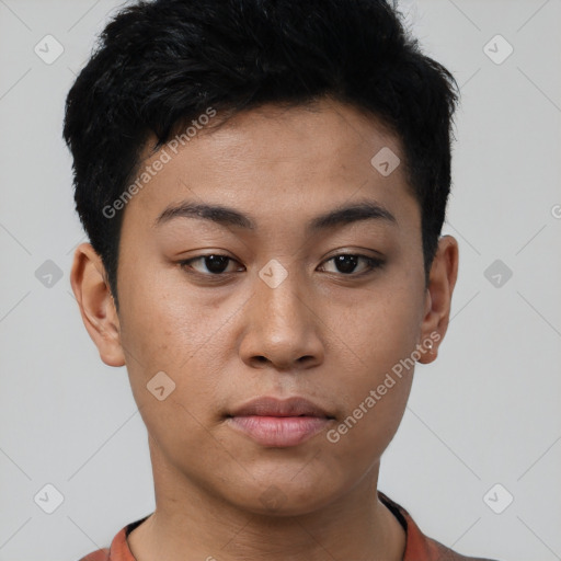 Neutral latino young-adult female with short  black hair and brown eyes