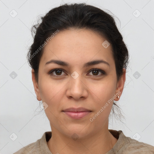 Joyful latino young-adult female with short  brown hair and brown eyes