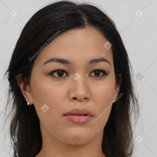 Neutral asian young-adult female with long  brown hair and brown eyes