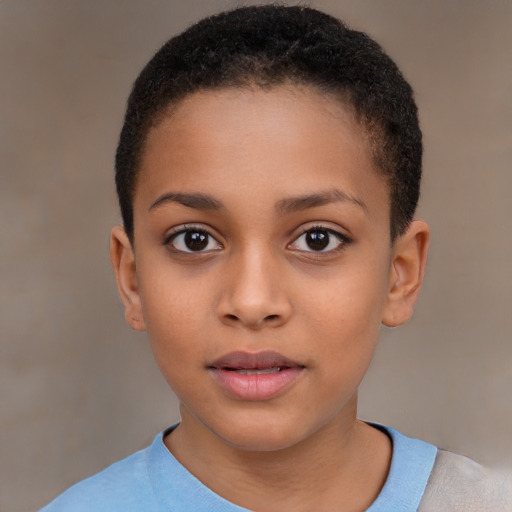 Joyful black child female with short  brown hair and brown eyes