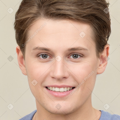 Joyful white young-adult female with short  brown hair and grey eyes