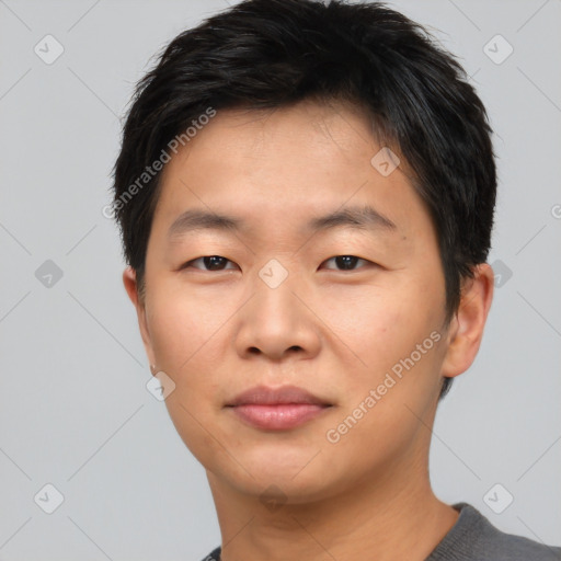 Neutral asian young-adult male with short  black hair and brown eyes