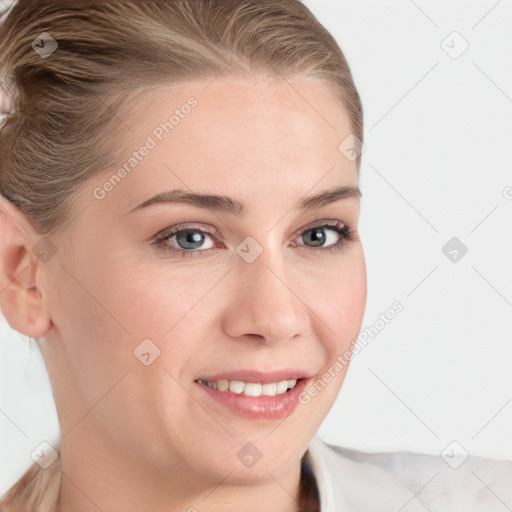 Joyful white young-adult female with medium  brown hair and blue eyes