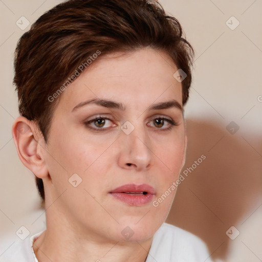 Neutral white young-adult female with short  brown hair and brown eyes