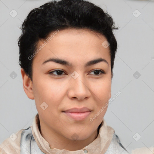 Joyful asian young-adult female with short  brown hair and brown eyes