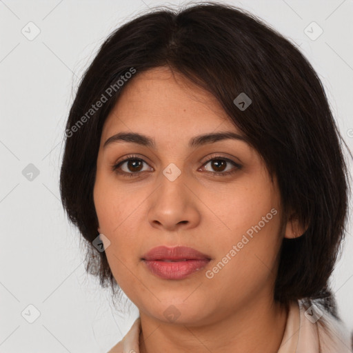 Joyful latino young-adult female with medium  brown hair and brown eyes