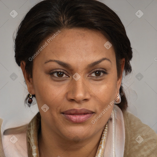 Joyful latino adult female with medium  brown hair and brown eyes