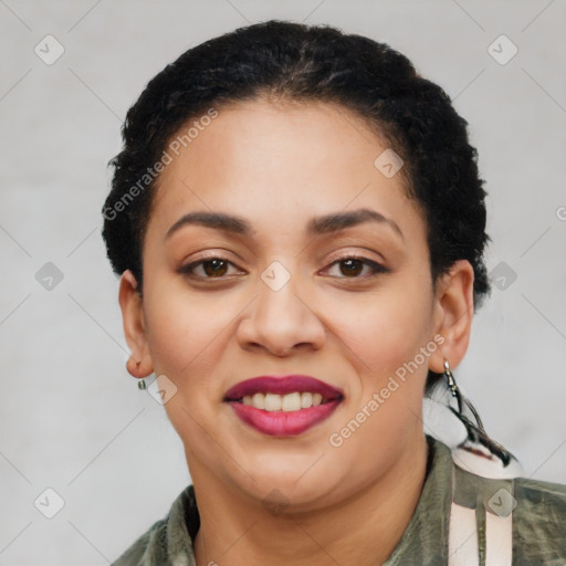 Joyful latino young-adult female with short  brown hair and brown eyes