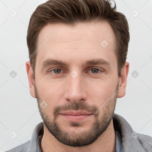 Neutral white young-adult male with short  brown hair and grey eyes