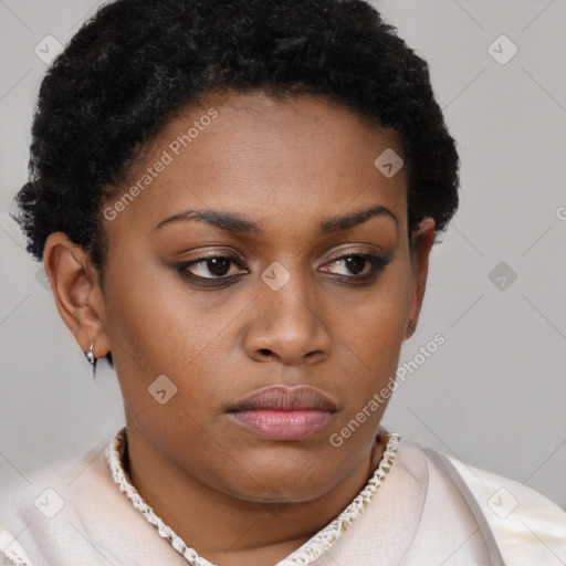 Neutral latino young-adult female with short  brown hair and brown eyes