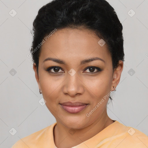 Joyful latino young-adult female with short  black hair and brown eyes