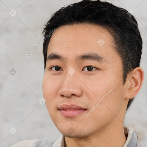 Neutral asian young-adult male with short  black hair and brown eyes