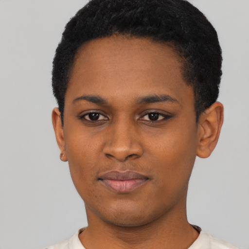Neutral black young-adult female with short  black hair and brown eyes