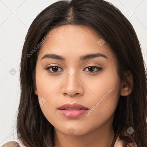 Neutral white young-adult female with long  brown hair and brown eyes