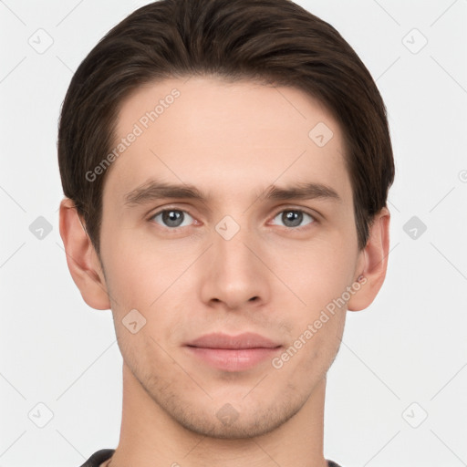 Neutral white young-adult male with short  brown hair and brown eyes