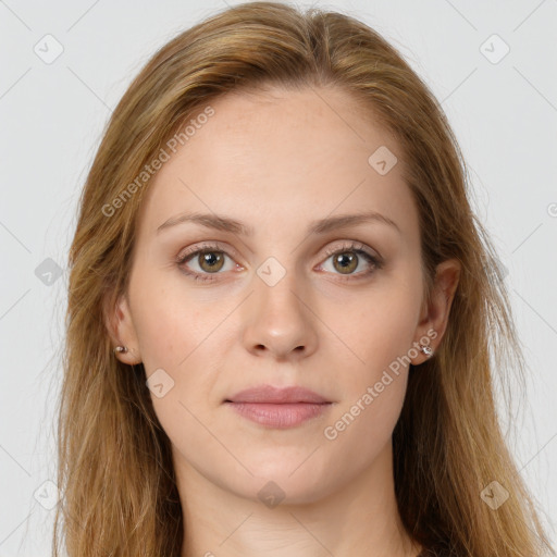 Joyful white young-adult female with long  brown hair and green eyes