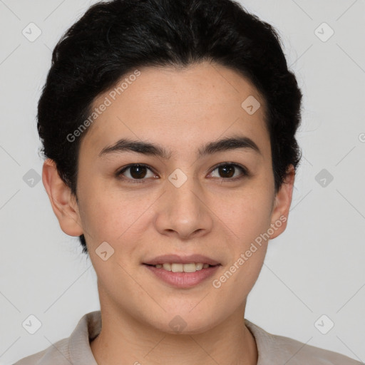 Joyful latino young-adult female with short  brown hair and brown eyes