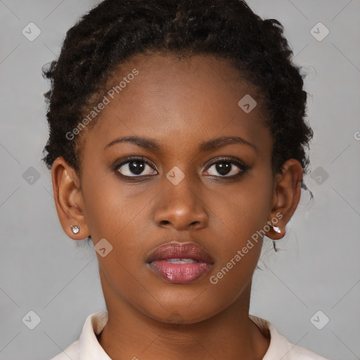 Neutral black young-adult female with short  brown hair and brown eyes