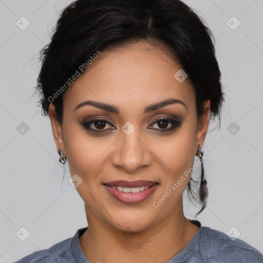 Joyful latino young-adult female with medium  black hair and brown eyes