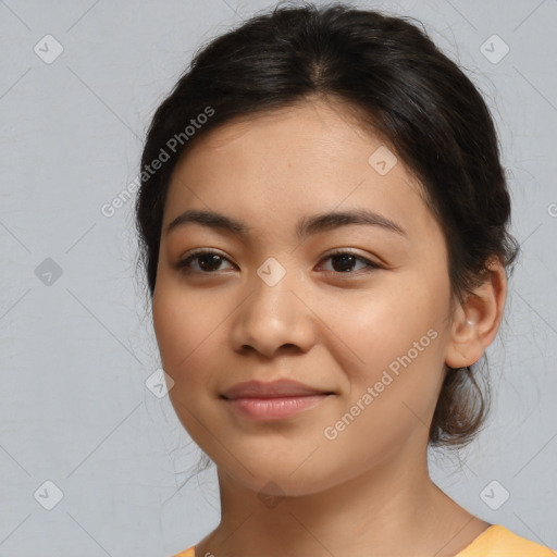 Joyful latino young-adult female with medium  brown hair and brown eyes