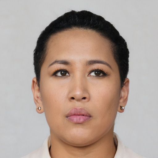Neutral asian young-adult female with short  black hair and brown eyes