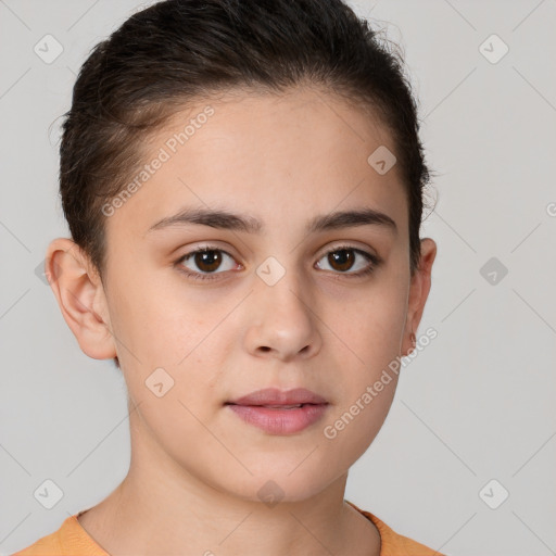 Neutral white young-adult female with short  brown hair and brown eyes