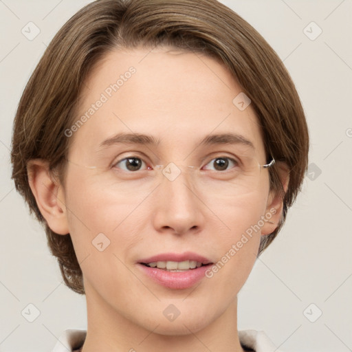 Joyful white young-adult female with medium  brown hair and green eyes